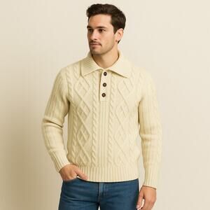 Vintage 70s Kings Road Cream Cable Knit Sweater Medium Acrylic Sears